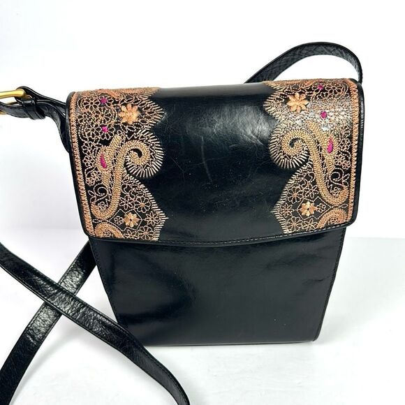 Oscar De La Renta Studio Black Leather Crossbody Shoulder Bag Purse Embroidered - Picture 5 of 16